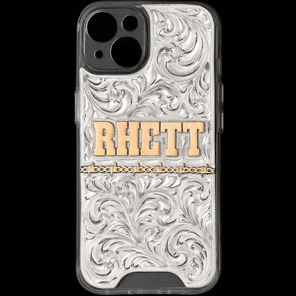 "A timeless accessory for a classic Western style. Our Lone Ranger Custom Phone Case is hand-engraved on a German Silver plate base that is securely attached to the phone case. In this design, we added Jeweler's Bronze lettering and barbed wire detai